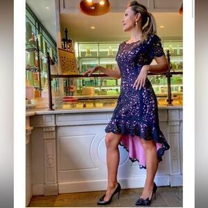 Shani Darden Black and Pink High-Low Cocktail Dress